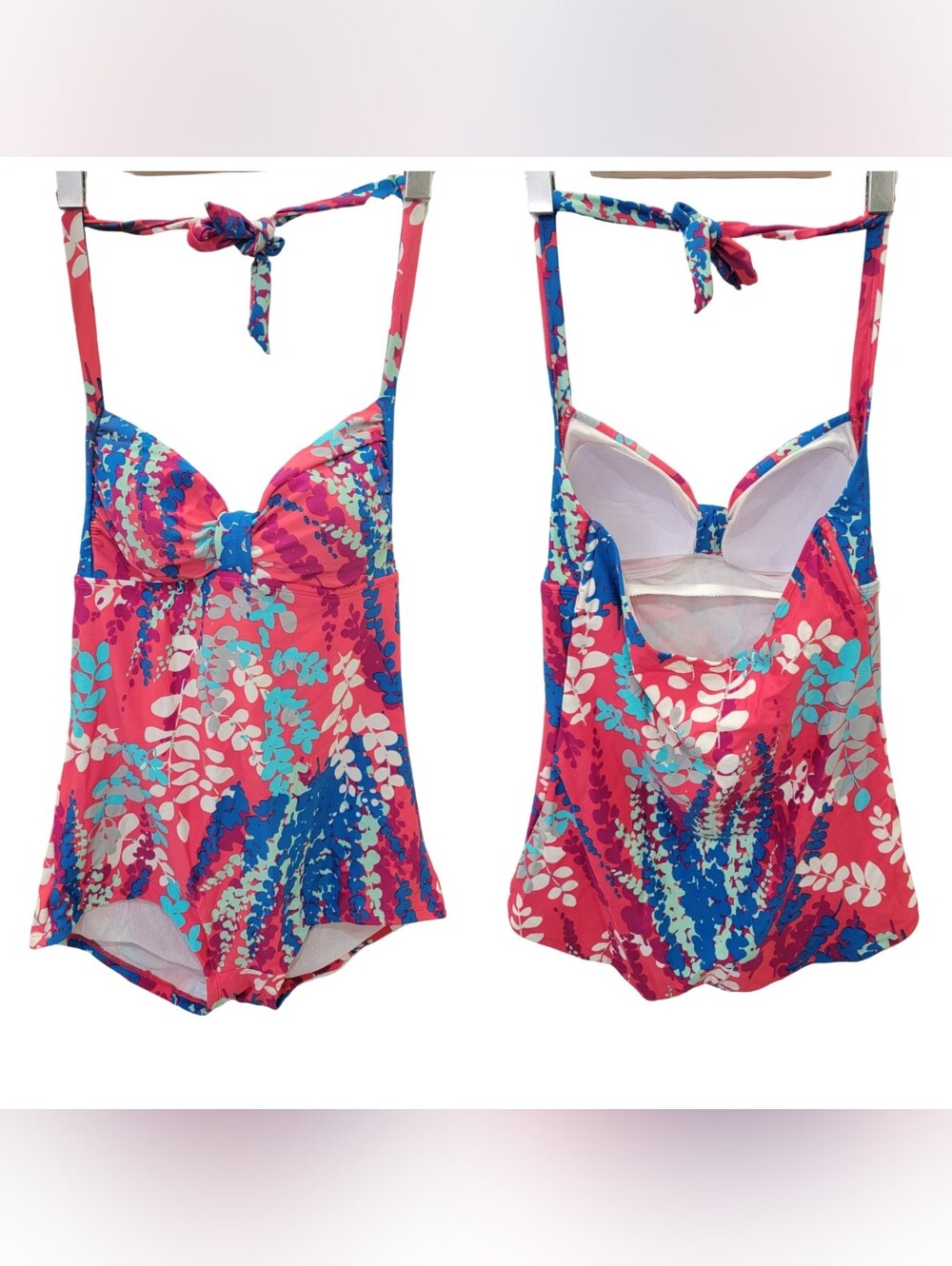Boden Halter One Piece Bathing Swimsuit Retro Floral Pink Blue Women’s Size 10 - Picture 17 of 17